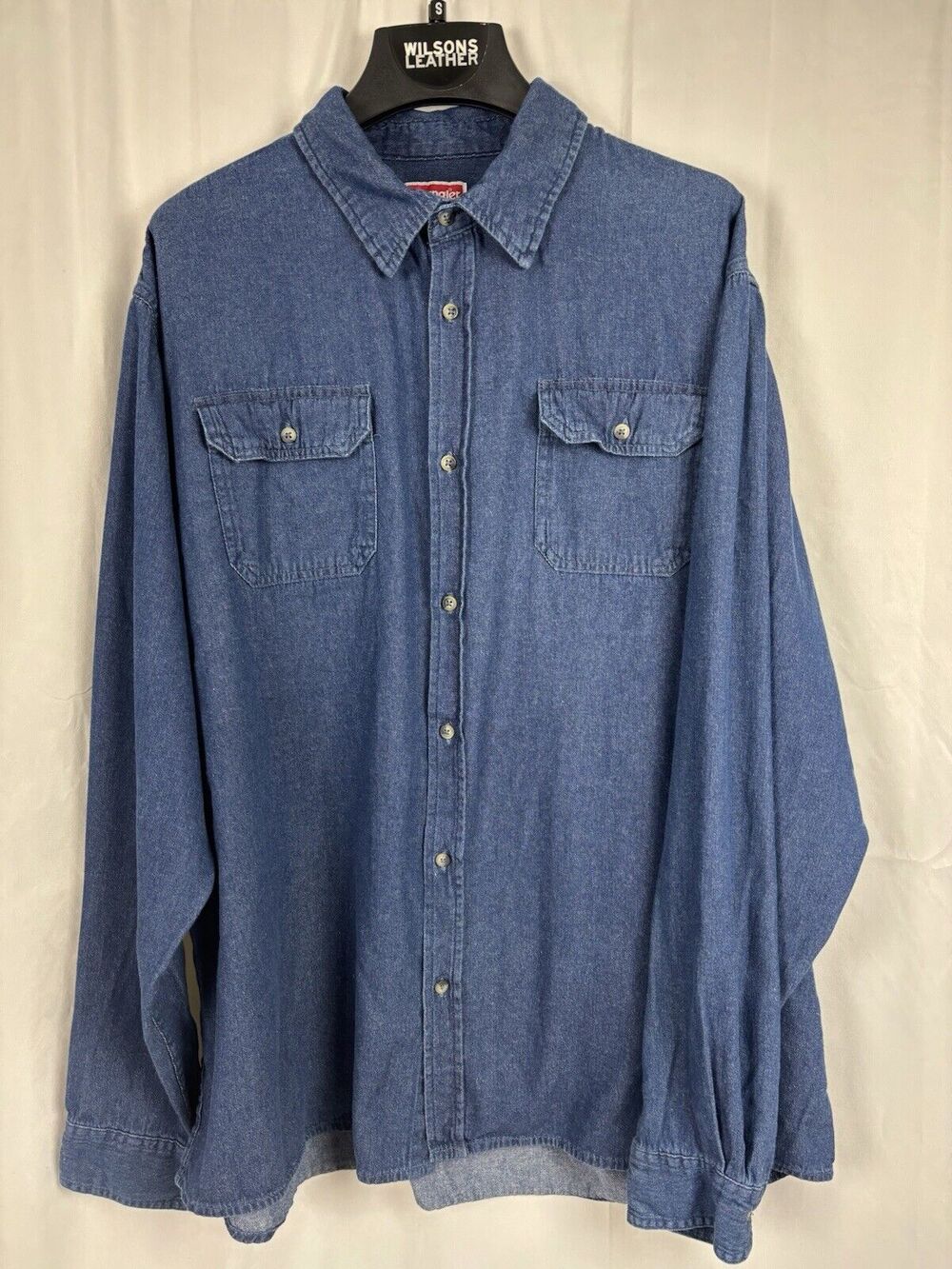 Wrangler Shirt Mens 2XL Blue Chambray Button Front Flap Pockets Long Sleeve